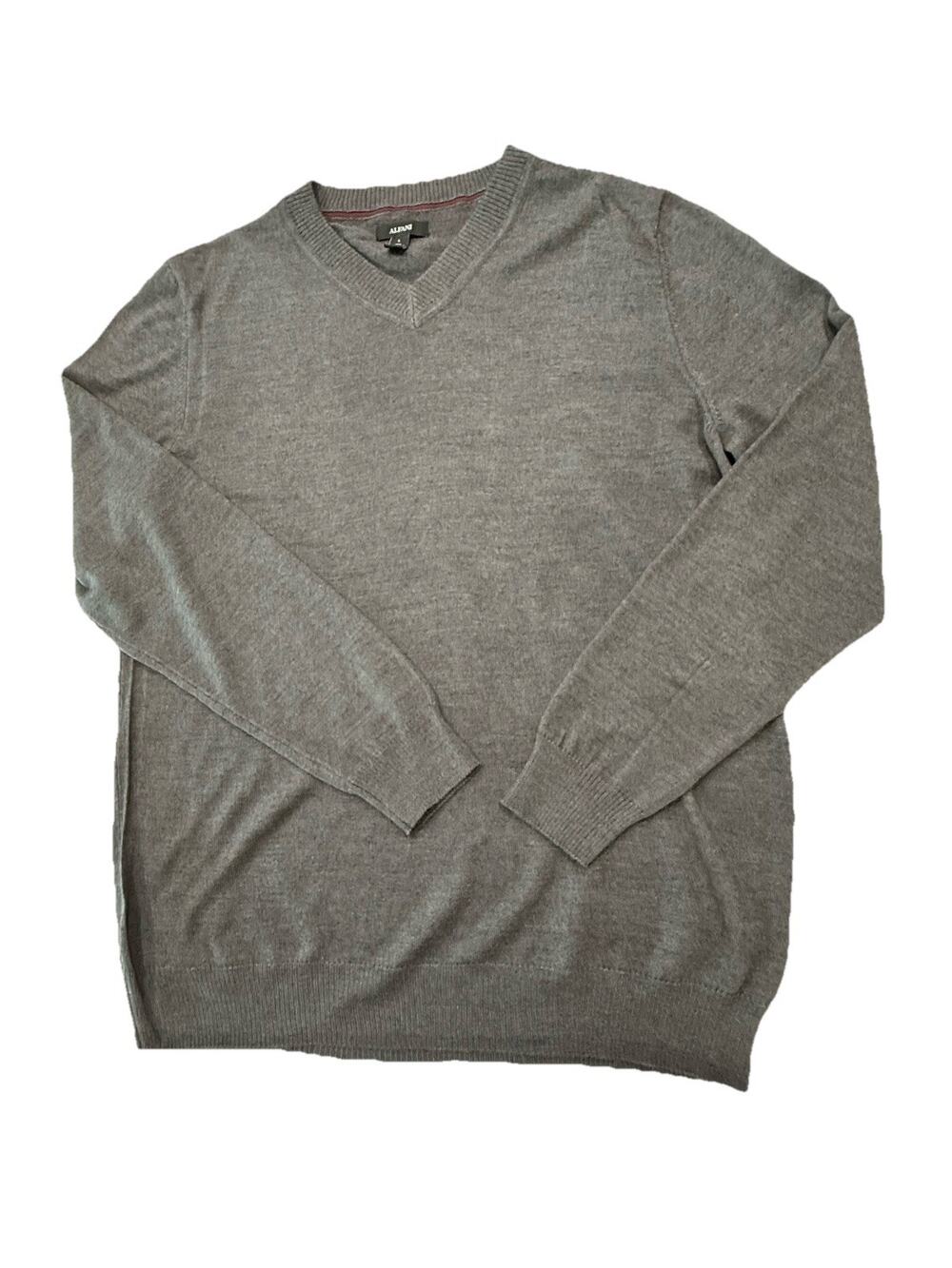 Alfani Pullover Sweater Mens L V-Neck LS Extra Fine Merino Wool Blend Gray EUC